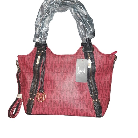 NWT- Gorgeous Rich DEEP RED & Black MKF LARGE Satchel Purse - Picture 1 of 7